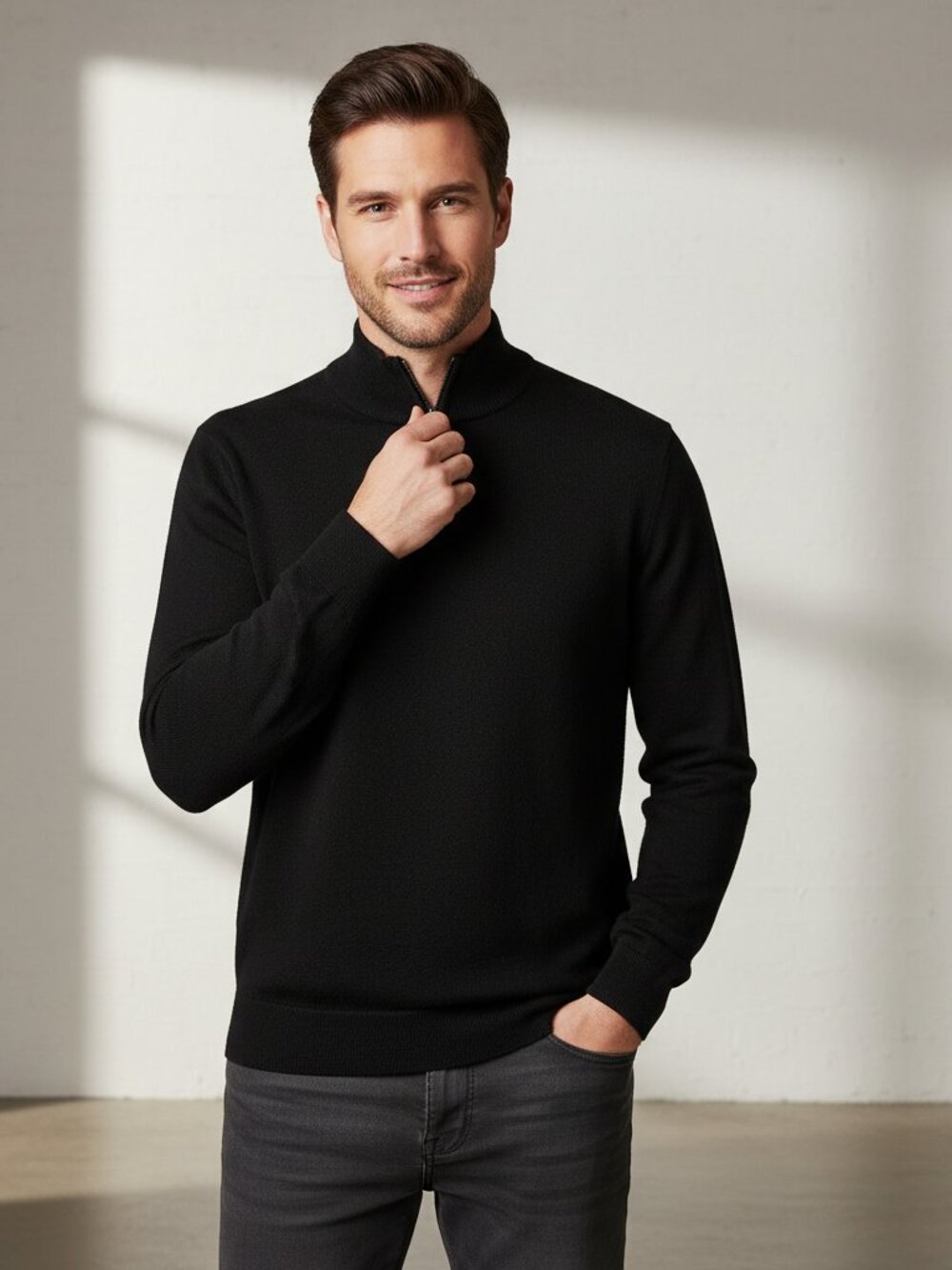Nordstrom Italian Merino Wool Quarter Zip Sweater Black 2XL Washable